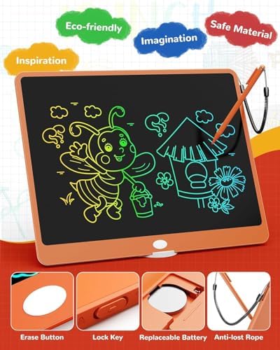 TEKFUN LCD Writing Tablet Doodle Board, 16inch Colorful Drawing Tablet Kids Travel Essentials, Kid Toys 6 7 8 Year Old Girls Boys (Orange)