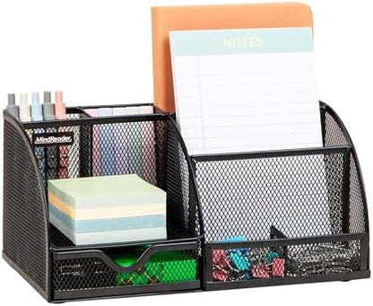 Mind Reader 7-Compartment Desktop Organizer, Metal Mesh Desk Organizer for Pens, Sticky Notes, Mail and Office Supplies, Black