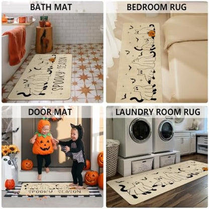 Ghost Black Cat Halloween Kitchen Rugs and Mats Set of 2, (17"x47"+17"x30") Gothic Cute Spooky Season Pumpkin Trick Or Treat Non Skid Washable Runner Rugs for Home Decor Decorations and Accessories