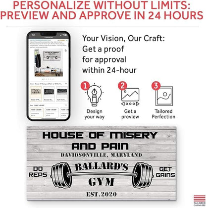 Tailored Canvases Personalized Gym Sign Wall Art Decor - Motivational Canvas for Home Gym, Workout Room, Garage, Fitness Center - Workout Inspirational Posters - House of Misery and Pain, White Wood 48x24in