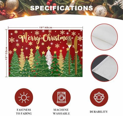 Christmas Placemats Set of 4, Merry Christmas Heat Resistant Washable Dining Table Mats Xmas Holiday Farmhouse Decor for Kitchen&Linens Outdoor Indoor, Gold Star Xmas Tree Snowflakes