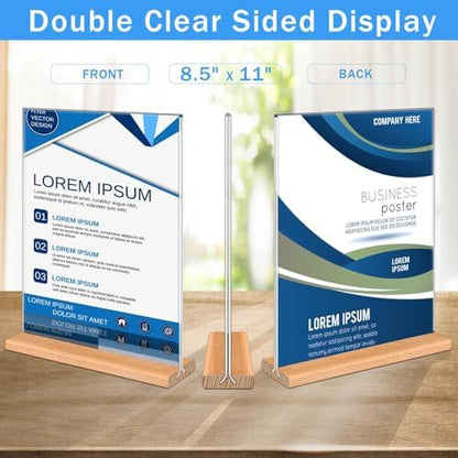 Kersally Acrylic Sign Holder 8.5 x 11, 4 Pack Double-Sided Clear Vertical Table Display Stands with Wood Base,Acrylic Frame Menu Flyer Paper Holder for Stores, Restaurants, Hotels, Office, Show Fair