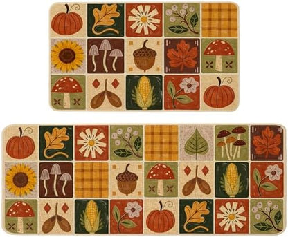 Baccessor Fall Kitchen Rugs Set of 2, Pumpkin Harvest Patchwork Kitchen Mats for Floor Washable Low-Profile Farmhouse Autumn Holiday Home Indoor Outdoor Decor 17x29 and 17x47 Inch