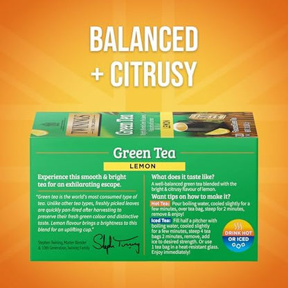 Twinings Green Tea with Lemon Caffeinated Tea Bags, 20 CT Box (6 Pack)