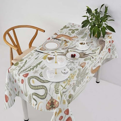 Country Forest Tablecloth, Wild Animal Hare Squirrel Owl Snake Snail Flowers Mushroom Table Cover for Tea Party Weddings Indoor Outdoor Dining 60x110in