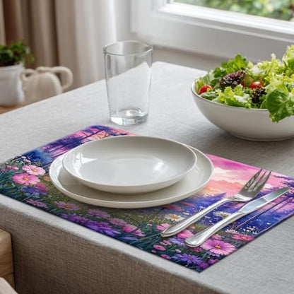 Batmerry Forest Flowers Sunset Placemats, Beautiful Forest Sunset Scene Washable Linen Table Mats for Kitchen Table Double Insulation Decor Dining Set Indoor Outdoor 12X18 in Set of 4