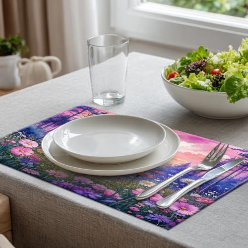 Batmerry Forest Flowers Sunset Linen Placemats Set of 8, Beautiful Forest Sunset Scene Washable Table Mats for Kitchen Table Thickened Heat Insulation Dining Set Indoor Outdoor 12X18 in