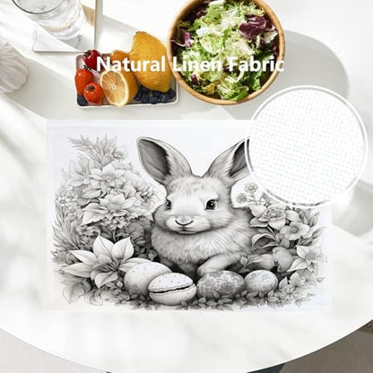 Batmerry Bunny with Eggs Flowers Linen Placemats Set of 6, A Bunny Surrounded By Eggs and Flowers Washable Table Mats for Kitchen Table Thickened Heat Insulation Dining Set Indoor Outdoor 12X18 in