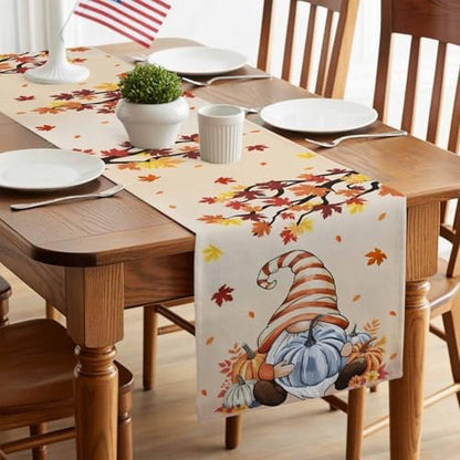 Fall Table Runner Fall Gnome Table Runners Harvest Thanksgiving Maple Leaves Blue Pumpkin Cotton Linen Dresser Scarf Kitchen Dining Table Decor for Autumn Holiday Party Coffee 13x36 Inch