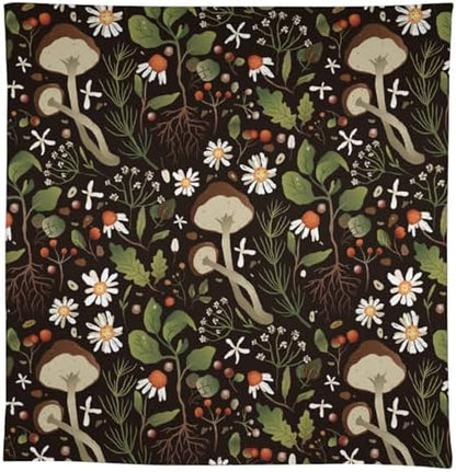 Wild Mushrooms Tablecloth, Rustic Chamomile Flowers Herbs Plants Retro Botanical Mushroom Natural Print Table Cover for Kitchen Dining Room Picnic Camping Indoor Outdoor 55x75in