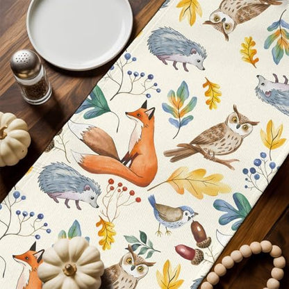 Fall Table Runner Autumn Animal Table Runners Harvest Thanksgiving Owl Bird Fox Leaves Cotton Linen Dresser Scarf Kitchen Dining Table Decor for Autumn Holiday Party Coffee 13x90 Inch