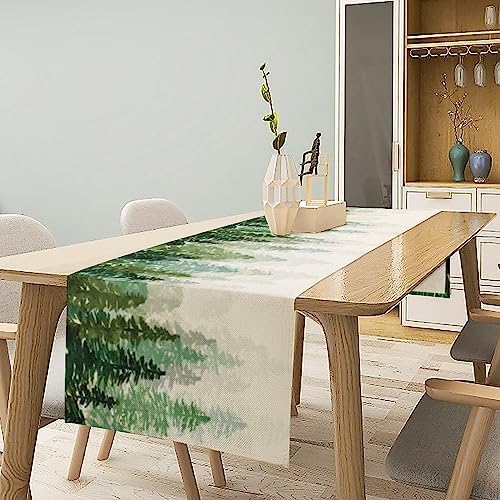 Forest Pine Trees Table Runner, Woodland Tabletop Scarf Home Kitchen Holiday Decor, Seasonal Farmhouse Rustic Dining Decorations Party Supply 13 X 90 Inch