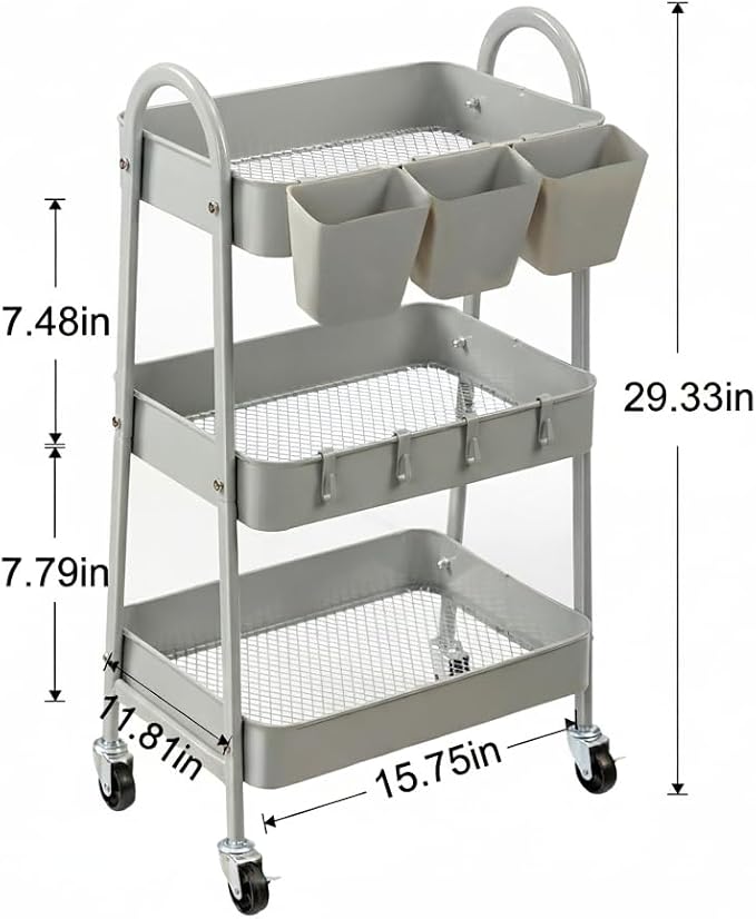 danpinera 3-Tier Rolling Cart, Metal Rolling Storage Cart with Lockable Wheels & Hanging Cups & Hooks, Mobile Trolley Cart for Kitchen, Bathroom, Office, Workshop, Gray