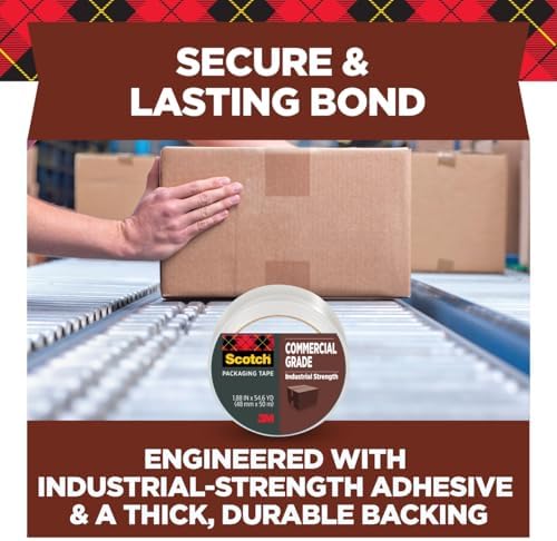 Scotch Commercial Grade Shipping Packaging Tape, 1.88" x 54.6 yd, Designed for Packing, Shipping and Mailing, Guaranteed to Stay Sealed, 3" Core, Clear, 6 Rolls (3750-6) (Pack of 6)