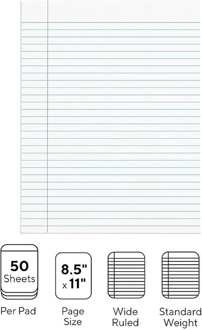 STAPLES Notepads, 8.5” x 11”, Wide Ruled, White, 50 Sheets/Pad, 12‑Pack