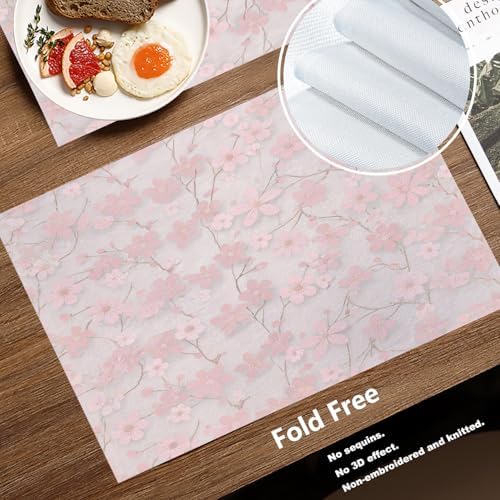 Batmerry Seamless Pink Cherry Blossoms Linen Placemats Set of 4, Vintage Floral On Light Pink Washable Table Mats for Kitchen Table Thickened Heat Insulation Dining Set Indoor Outdoor 12X18 in