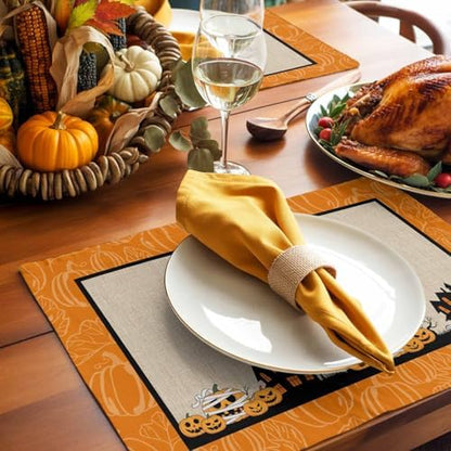 Vandarllin Halloween Fun Placemats Set of 4, Haunted House Witches Cat Pumpkins Cotton Linen Stain Resistant Table Mats Washable Placemat Decoration for Kitchen Dining Table,Scary Movie Nights