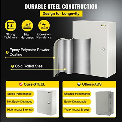 VEVOR Electrical Enclosure Box, 16'' ×12'' ×6'', Carbon Steel Hinged Junction Box, IP66 Waterproof & Dustproof, Outdoor Electrical Box, with Mounting Plate