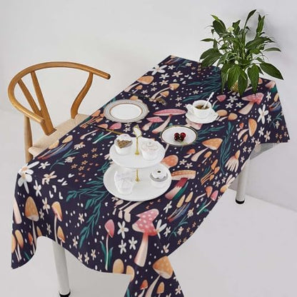 Retro Mushroom Tablecloth, Cartoon Forest Mushroom Florals Leaves Woodland Garden Table Cloth for Kitchen Dining Coffee Table Outdoor Party Decor 60x90in