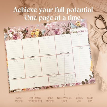 Undated Weekly Desk Planner Pad - 52 Pages Notepad With To Do List and Habit Tracker | Desk Pad Tear Off for Organization
