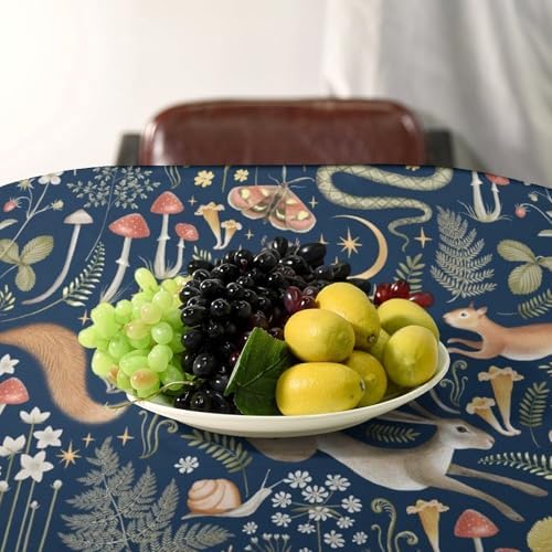 Fairy Forest Tablecloth, Retro Dark Blue Woodland Wildlife Owl Squirrel Print Rustic Flowers Mushrooms Table Cloth for Outdoor Picnic Home Dining Kitchen Table Decor 60x90in