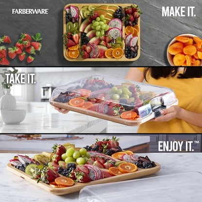 FARBERWARE Build-a-Board Cutting Board with Three Compartments and Clear Locking Lid for Charcuterie, Snacks, and More, Bamboo