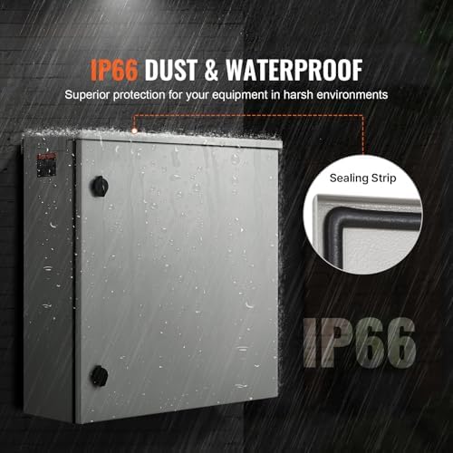 VEVOR Electrical Enclosure, 24'' x 24'' x 8'', NEMA 4 Outdoor Enclosure, IP65 Waterproof & Dustproof Cold-Rolled Carbon Steel Hinged Junction Box for Outdoor Indoor Use, with Rain Hood