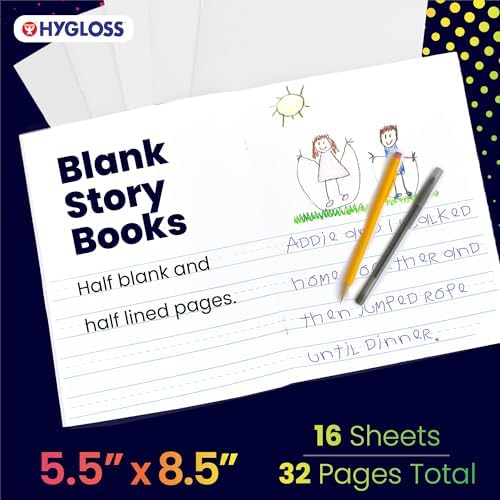 Hygloss Half Blank Books for Kids to Write Stories & Illustrate – Bulk 24 Pack – 5.5" x 8.5" A5 – Primary Journal for Grades K-2, Preschool/Kindergarten Notebook with Picture Space – 24 Pages, White