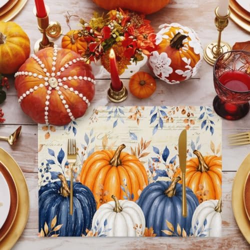 Fall Thanksgiving Placemats Set of 4, Orange Navy Blue Pumpkin Heat Resistant Washable Dining Table Mats Fall Holiday Farmhouse Decor for Kitchen&Linens Outdoor Indoor, Harvest Autumn Leaves
