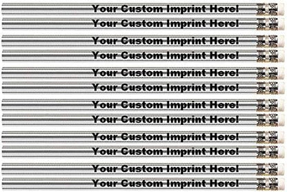 Personalized Custom Pencils - Round - Glitz & Glitter Full Color Print w/your name, message, text or logo - Customizable - Made in USA - Great gift ideas - 12/Set (SIZZLING SILVER METALLIC FOIL)