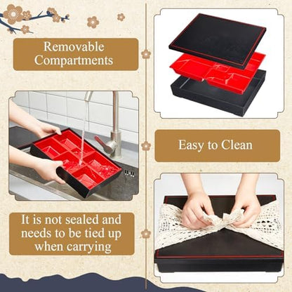 Teenyyou 4 Pcs 12 x 9.5 x 2.2 inches Japanese Bento Box Adult 6 Compartments Divided Japanese Food Presentation with Greaseproof Restaurant Bento Tray Sushi Tray Gift for Sushi Home Restaurant