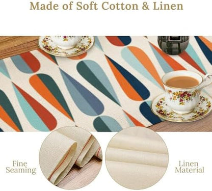 Mid Century Modern Table Runner Retro Blue Orange Grey Water Droplets Geometric Table Runner for Kitchen Dining Room Dining Table Decoration 13x108in