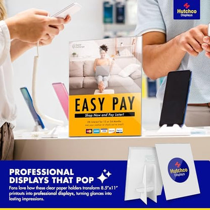 Paper Sign Holder (5 x 7 Inches) Plastic Countertop Display w/Shatterproof (No Acrylic) Clear Design & Cardboard Easel Back Tabletop Slant Support for Stackable Lightweight Portable by Hutchco