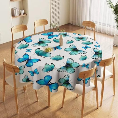 Blue Butterfly Tablecloth, Cute Animal Green Teal Butterfly Fantasy Wings Print Table Cover for Home Kitchen Outdoor Party Picnic Wedding Decor, 70x70in
