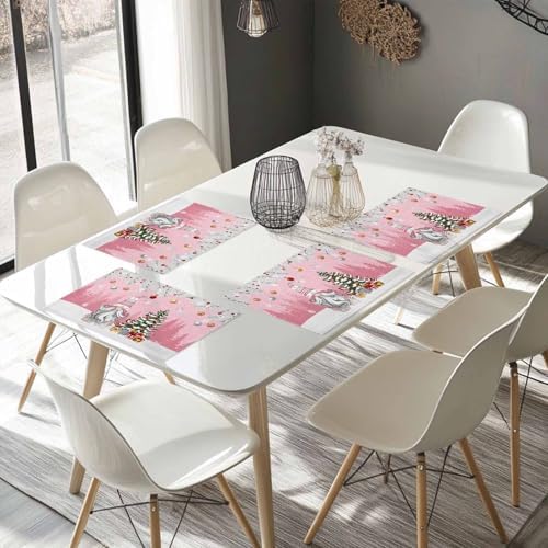 Christmas Gnome Placemats Set of 6, Winter Merry Christmas Tree Balls Heat Resistant Washable Table Place Mats Pink Cotton Table Linens Party Holiday Decor for Kitchen Dining Outdoor Indoor