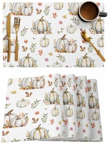 Fall Floral Leaves Placemat, Thanksgiving Pumpkins Heat Resistant Washable Table Place Mats Boho Cotton Table Linens Party Holiday Decorations for Home Kitchen Dining Table Outdoor Indoor,