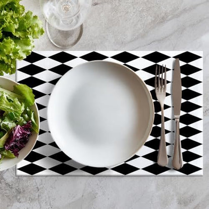 Batmerry Black White Diamond Linen Placemats Set of 4, Art Black and White Harlequin Washable Table Mats for Kitchen Table Thickened Heat Insulation Dining Set Indoor Outdoor 12X18 in