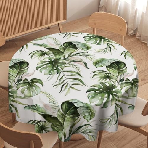Green Tropical Leaves Tablecloth, Watercolor Jungle Plam Leaves Floral Botanical Print Farmhouse Holiday Tablecloths for Home Kitchen Party Dinner Decor, 36x36in