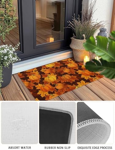 Fall Door Mat Orange Harvest Pumpkin Doormat Autumn Maple Leaf Harvest Thanksgiving Welcome Mat Non Slip Rubber Entryway Front Rug Floor Mat for Indoor Outdoor Kitchen Autumn Holiday Home Decor 20x32