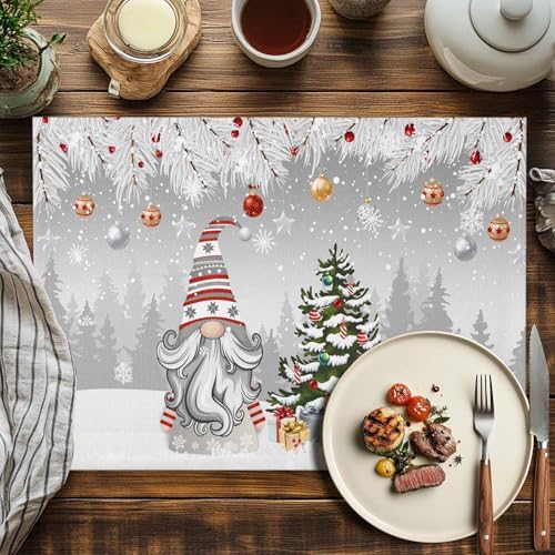 Christmas Gnome Placemats Set of 4, Winter Merry Christmas Tree Balls Heat Resistant Washable Table Place Mats Grey Cotton Table Linens Party Holiday Decor for Kitchen Dining Outdoor Indoor