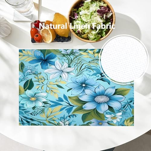 Batmerry Floral Light Blue Linen Placemats Set of 8, Blue Green Floral Washable Table Mats for Kitchen Table Thickened Heat Insulation Dining Set Indoor Outdoor 12X18 in