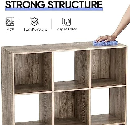 SUPER DEAL 9 Cube Open Shelf Bookcase, 3 x 3 Storage Organizer Shelf with 5 Removable Back Panels Wood Bookshelf System Display Rack for Home, Office, Bedroom, Living Room, Oak