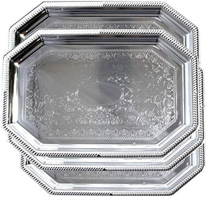 (Pack of 4) Elegant Floral Engraved Serving Tray Chrome Plated Steel Plate Platter Decorative Wedding Birthday Party Shiny Silver Color (Octagonal 20.1" x 13.8")