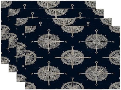 Batmerry Maritime Sailing Linen Placemats Set of 4, Oceanic Nautical Emblem Washable Table Mats for Kitchen Table Thickened Heat Insulation Dining Set Indoor Outdoor 12X18 in