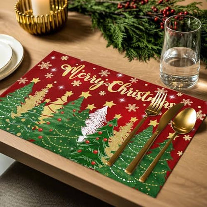 Christmas Placemats Set of 4, Merry Christmas Heat Resistant Washable Dining Table Mats Xmas Holiday Farmhouse Decor for Kitchen&Linens Outdoor Indoor, Gold Star Xmas Tree Snowflakes