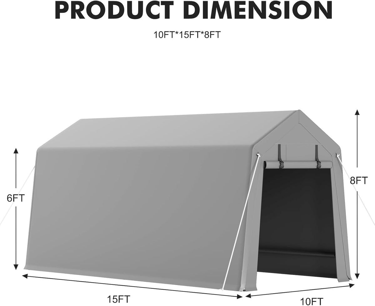 10 x 15 ft Carport Storage Shed, Portable Garage with Roll-up Zipper Door, Heavy Duty Waterproof Tarp, Storage for Motorcycle, Bike, Firewood, Garden Tools