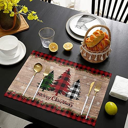 Artwork Store Merry Christmas Placemats Set of 4,Cotton Linen Table Mats Non-Slip Washable Buffalo Plaid Farm Xmas Tree Snowflake Pine Tree Placemat for Holiday Party Dining Kitchen Table Decor