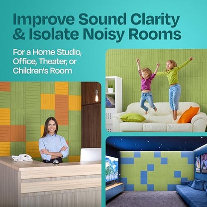 Acoustic Panels 12-Pack Soundproof Wall Panels 12"x12"x0.4" Decorative Sound Dampening for Your Home, Office, Studio, Bedroom & More with Unique LineWave Carving [Gin Green]