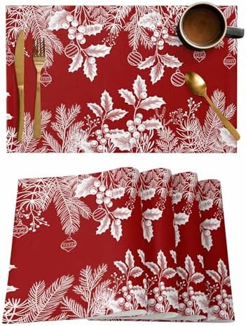 Red Christmas Placemats Set of 4, Floral Pine Leaf Xmas Balls Heat Resistant Washable Table Place Mats White Winter Holidays Cotton Table Linens Party Holiday Decor for Kitchen Dining Outdoor Indoor