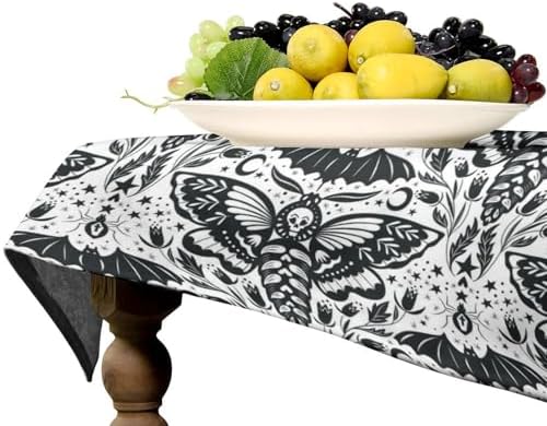 Boho Moth Tablecloth, Gothic Mysterious Halloween Black White Death Butterfly Bat Witch Print Table Cloth for Kitchen Dining Picnic Party Restaurant Decoration 60x110in